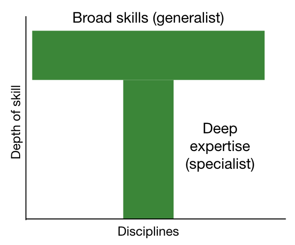 T shaped person - breadth of skills as the bar, depth of expertise as the downstroke